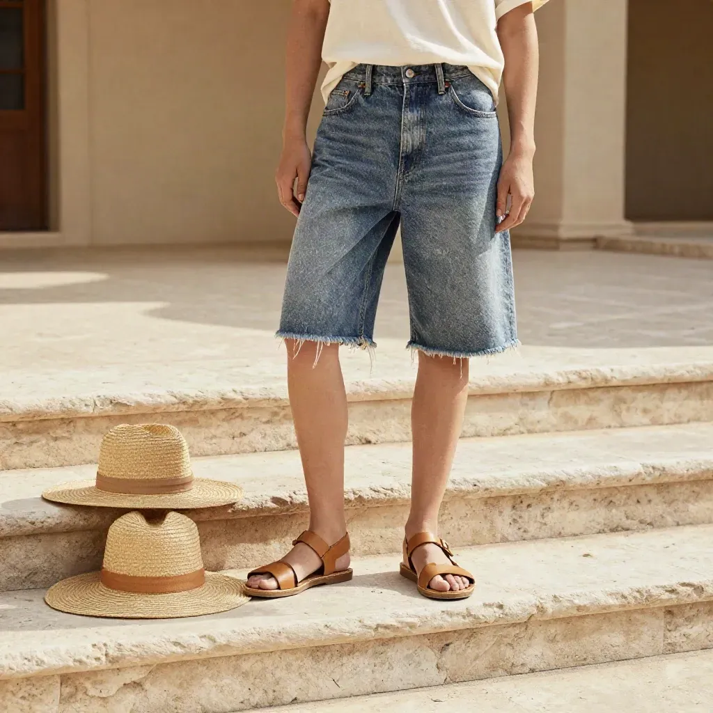 High-rise denim shorts with tee, sandals, and straw hat on a pale stone step in warm summer light.
