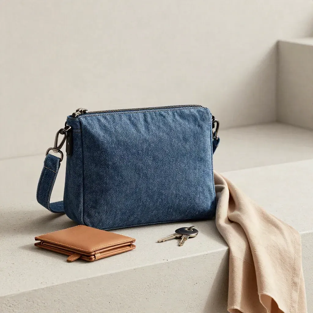 Washed denim crossbody bag with wallet, keys and scarf on a concrete ledge.