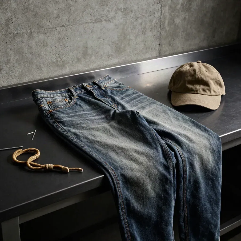 Folded relaxed work jeans with tee, cap, and boot lace on a matte-black workbench in dim studio light.