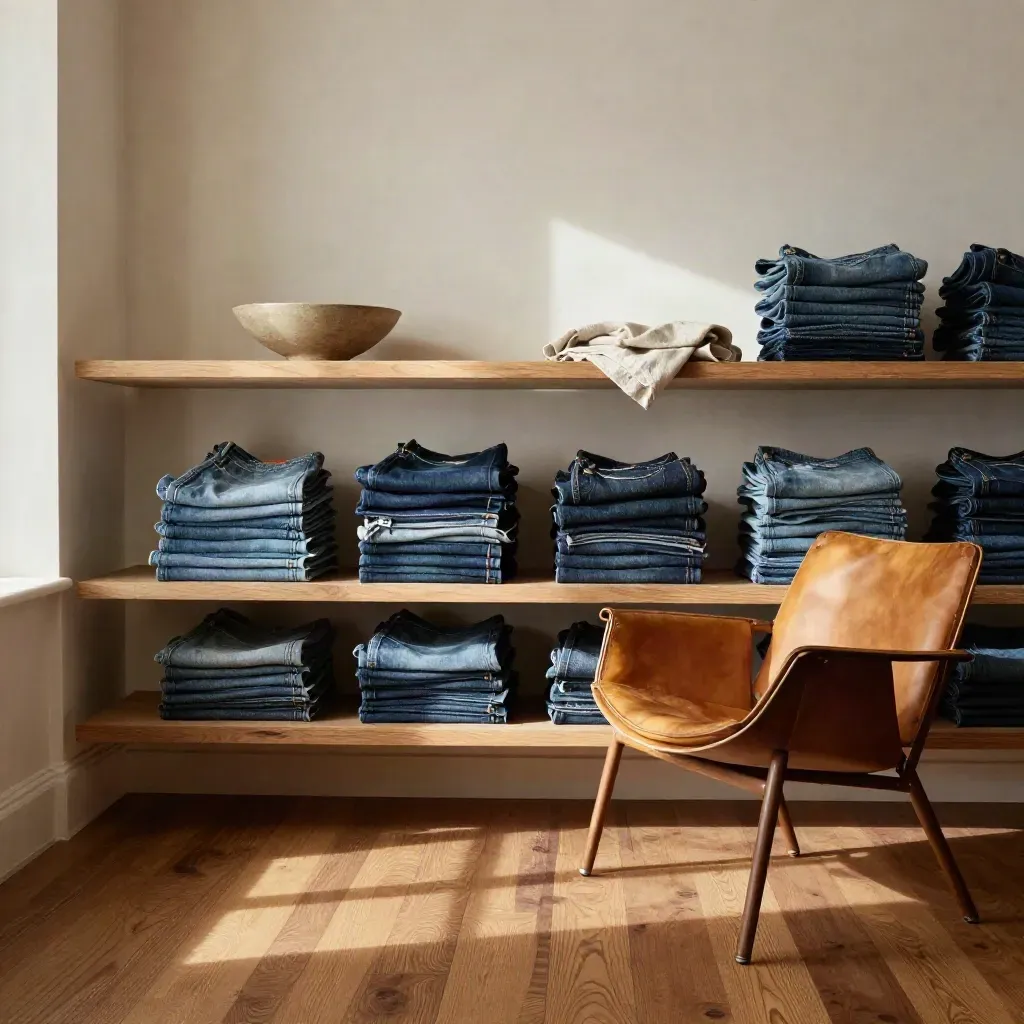 Sunlit loft corner with stacked denim, oak shelves, leather chair, and calm copy space below