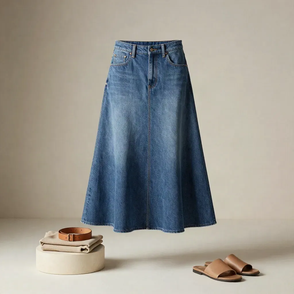 Mid-indigo A-line denim skirt on a pale pedestal with knit top, belt and sandals in a bright studio.