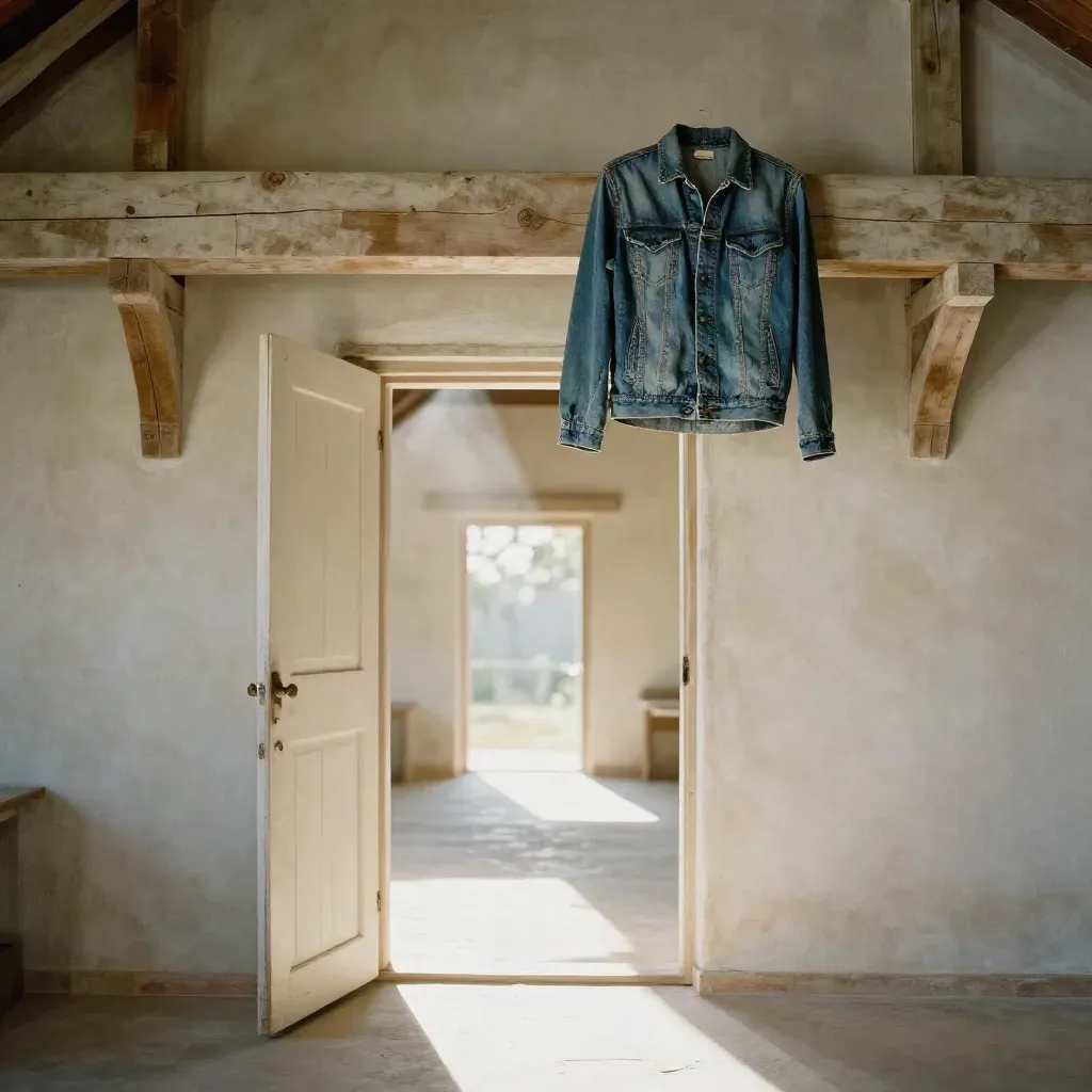 Sunlit white barn corridor with a denim overshirt on a ladder rail