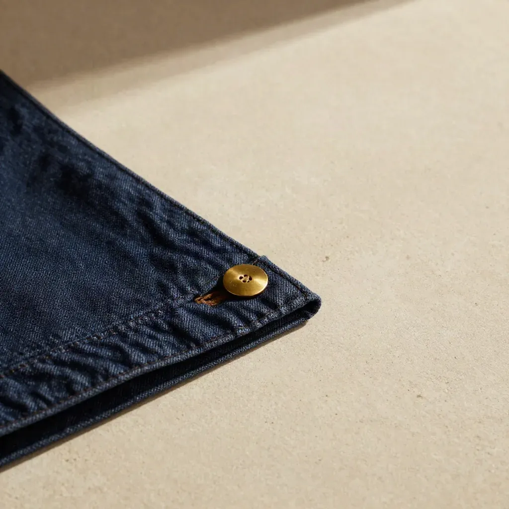 Cream stone atelier surface with indigo jacket edge and brass detail in soft daylight