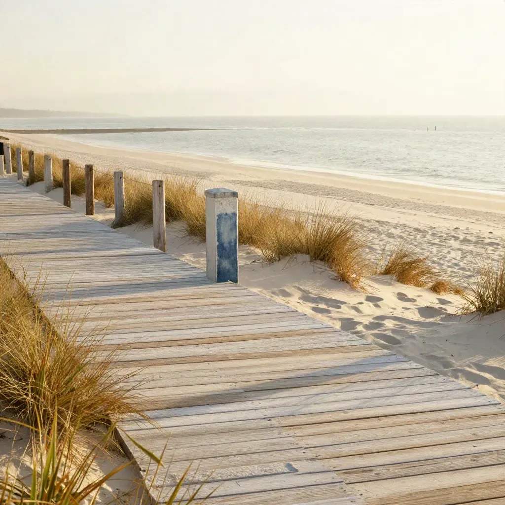 Golden coastal boardwalk above a quiet shore, with calm open space below for copy.
