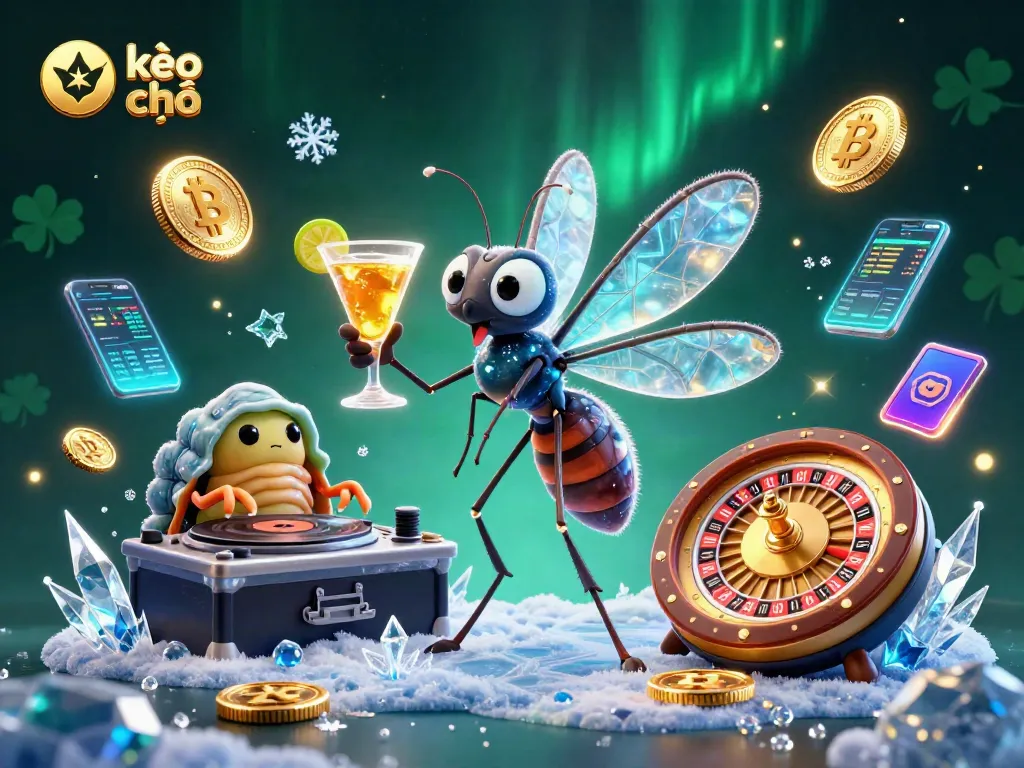 Engage with kèo nhà cái live action as a whimsical mosquito mascot sips cocktails in a vibrant casino.