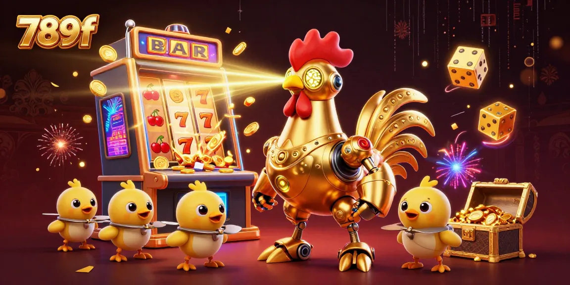 Experience thrilling casino adventures with 789f featuring a golden rooster robot and joyful chick drones.
