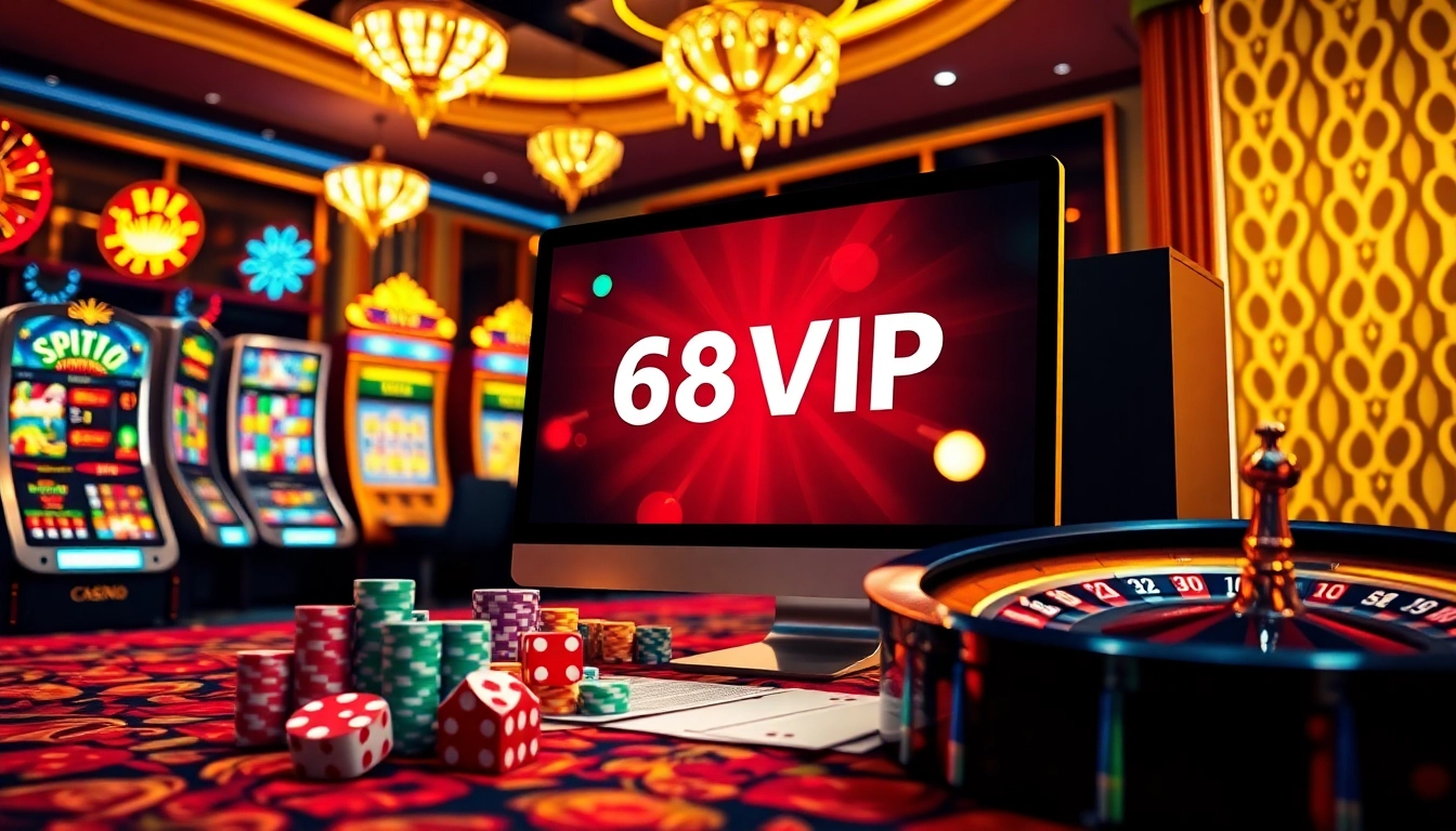 Place bets with confidence on Link Vào Nhà Cái 68VIP surrounded by vibrant casino elements.
