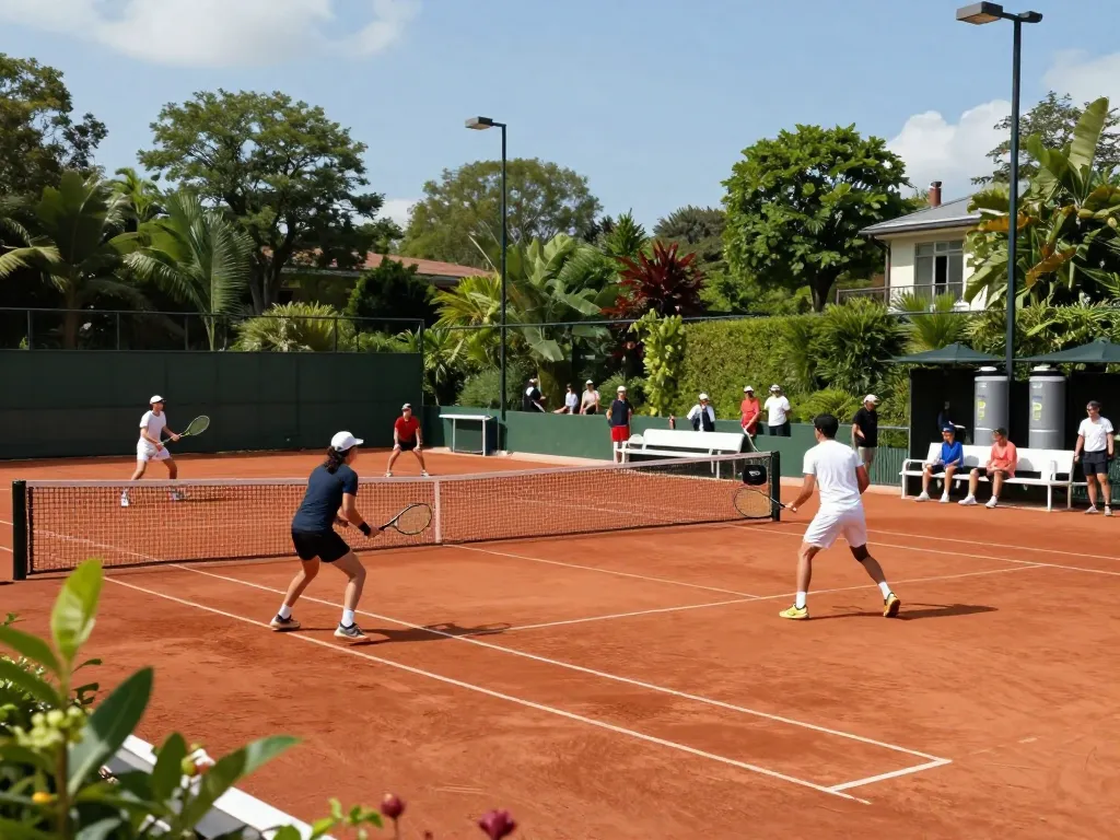 Players enjoying a competitive match on a HybridClay tennis court, surrounded by lush greenery and vibrant facility.