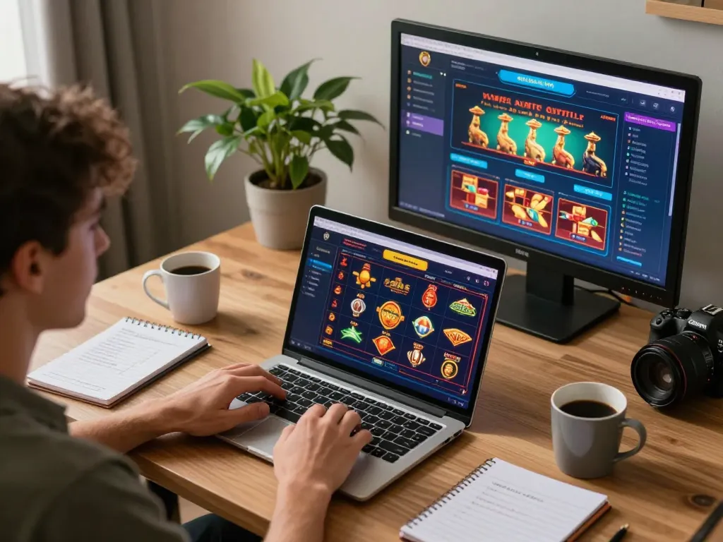 FC88 player engaging in online casino gaming with strategy notes and warm atmosphere