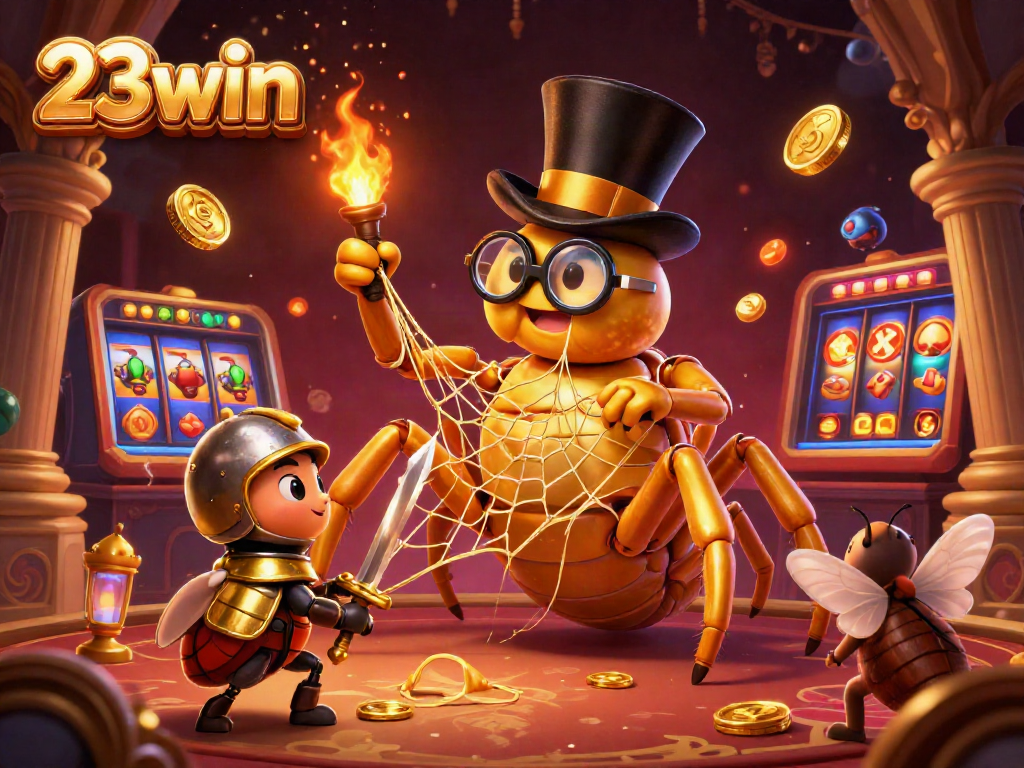 Engaging 23win casino illustration showcasing colorful slot machines, gold elements, and a dynamic scene.