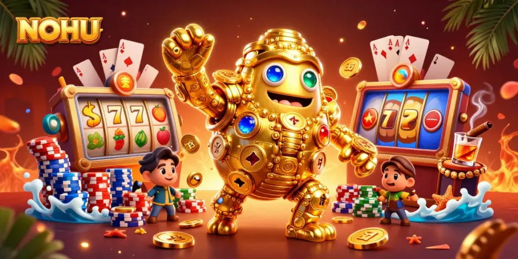Experience exhilarating jackpots at NOHU with a dynamic 3D illustration showcasing thrilling casino elements.