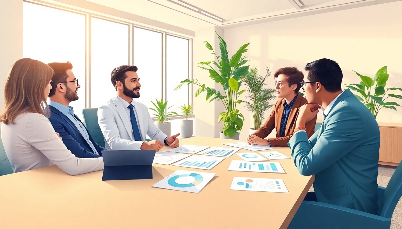 Engaging investment advice session with a professional advisor and clients in a bright office.