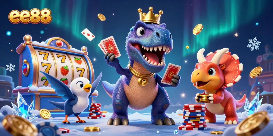 Experience exciting gaming at ee88 with a T-Rex shuffling cards amidst gold and vibrant casino elements