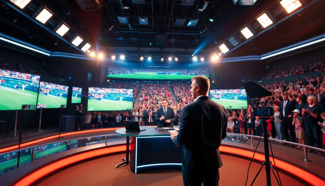 Engaging sports broadcasting studio with a host presenting live sports events.