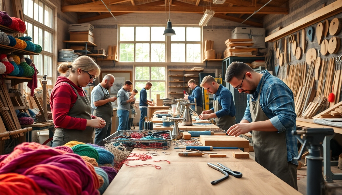 Learn about craft training programs through artisans engaged in hands-on activities in a vibrant workshop.