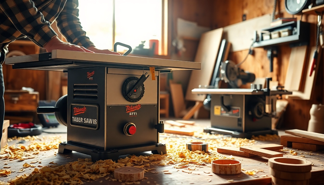Craftsman utilizing a table saw and miter saw combo for precise woodworking.