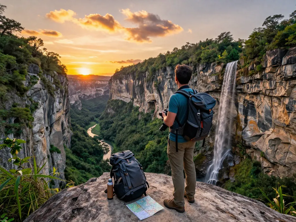 Traveler capturing stunning views during a Taroko Gorge tour at sunset, surrounded by breathtaking cliffs and lush landscapes.