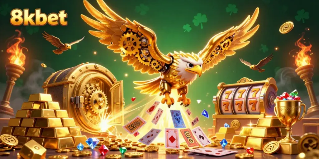 Experience the thrill of 8xbet's online casino with a stunning 3D illustration of a golden eagle surrounded by gems and slot details.