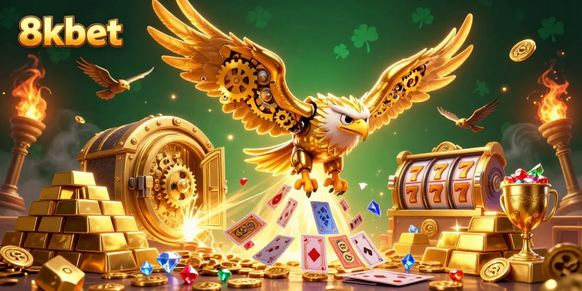 Experience the thrill of 8xbet's online casino with a stunning 3D illustration of a golden eagle surrounded by gems and slot details.