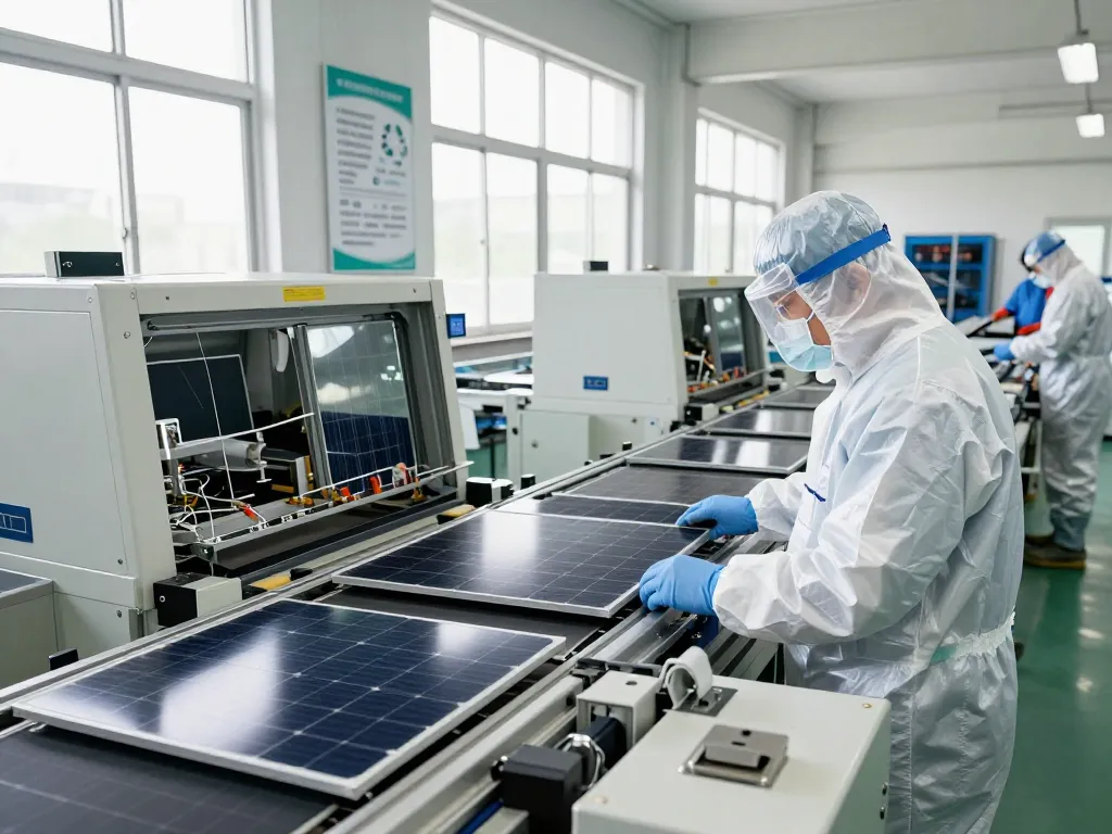 Recycling of solar panels in a modern facility focusing on efficient materials recovery and environmental sustainability.