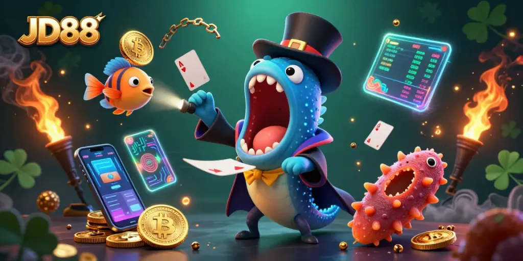 JD88's vibrant 3D deep-sea creatures showcase thrilling casino dynamics with magical card tricks.