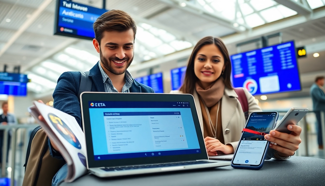 Applicants efficiently completing uk eta online application at a modern airport terminal.