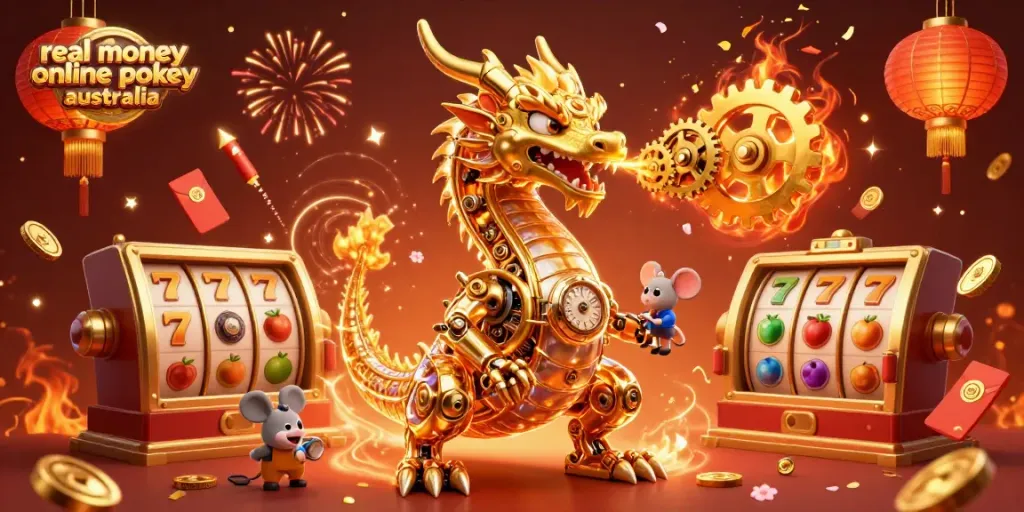 Experience real money online pokies Australia with lively dragons, slot reels, and lucky symbols in a festive scene.