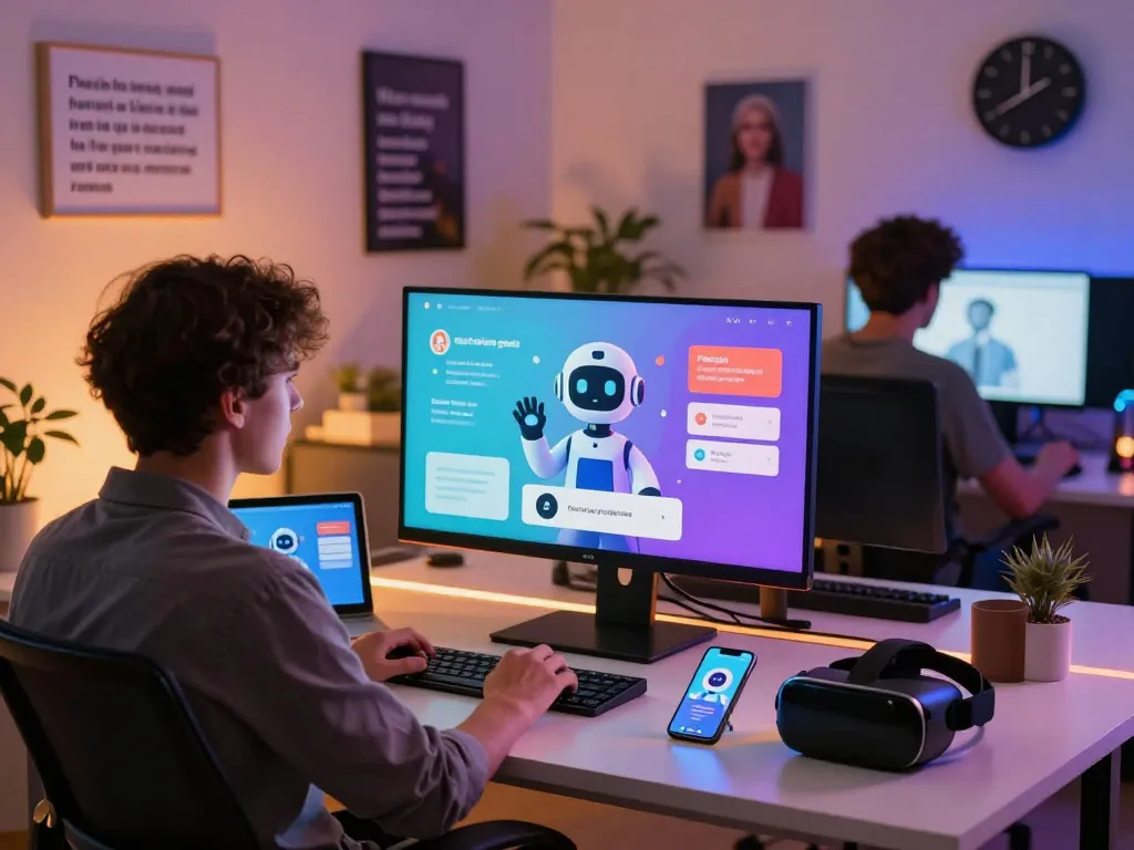 Engaging user interacting with spicychat AI interface in a modern workspace