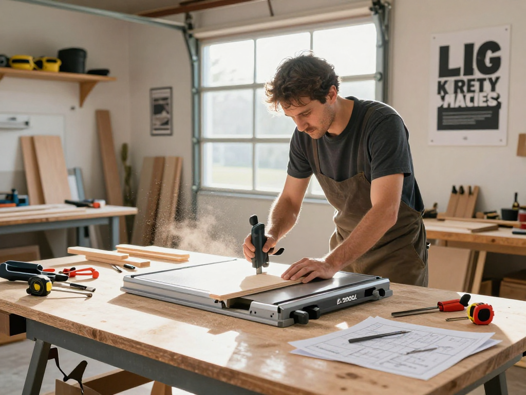 Craftsman using a Festool table saw in a bright workshop, showcasing precision woodcutting skills.