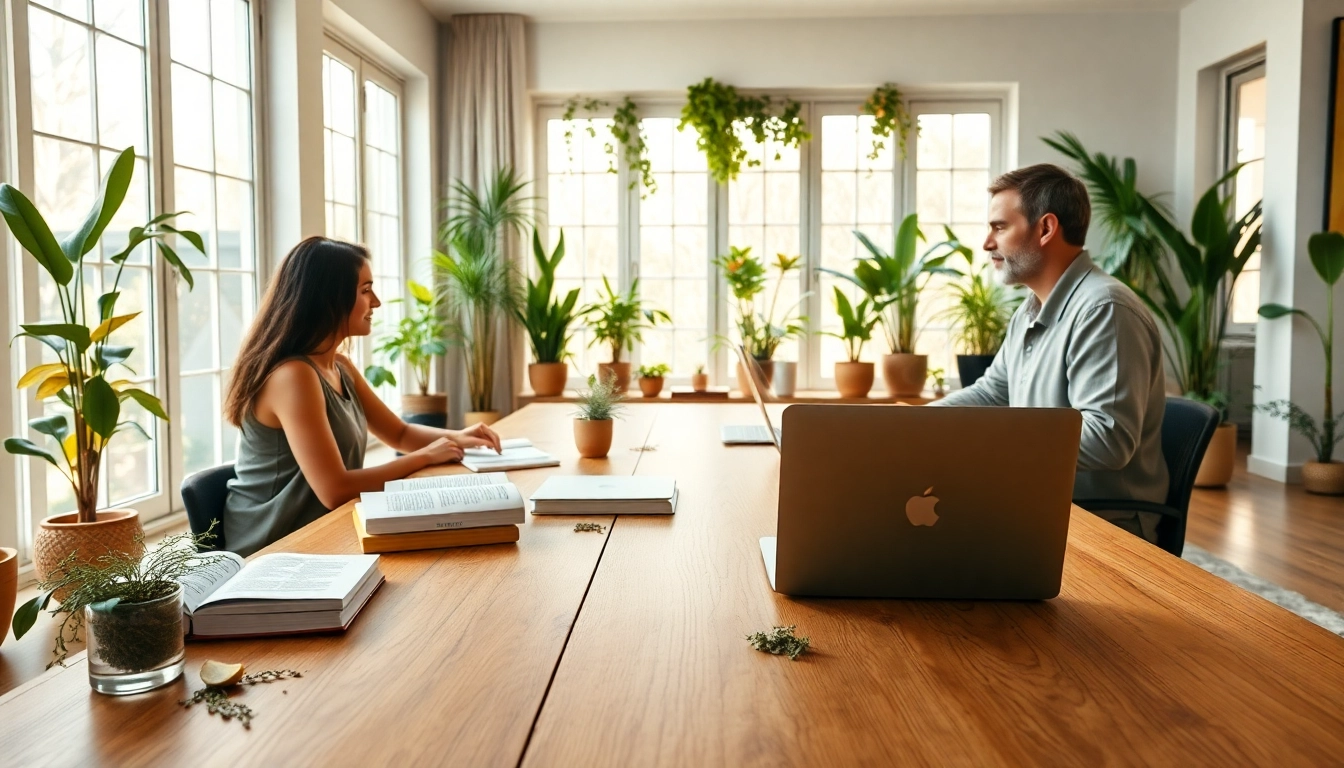 Engaging students in Ayurveda online courses within a serene herbal-themed classroom.