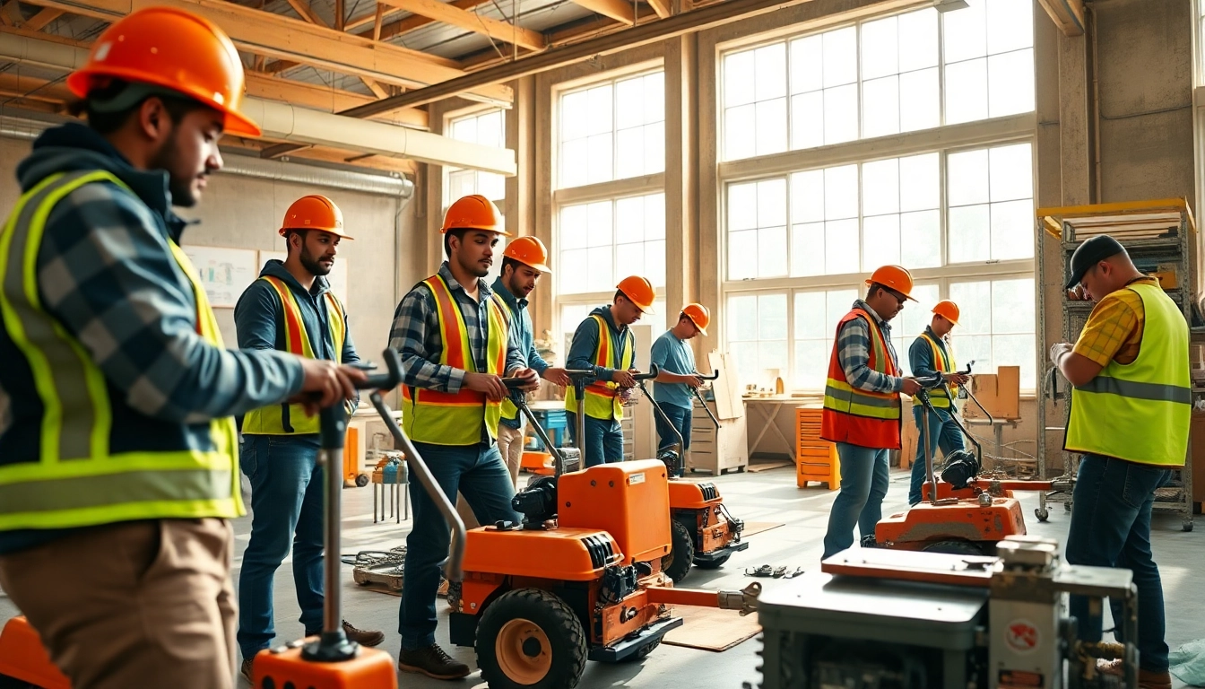 Engaged participants in construction training programs practicing skills in a vibrant workshop.