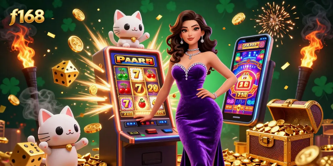 Engage in thrilling jackpots at f168 with a glamorous lady and exploding coins in a vibrant casino scene.