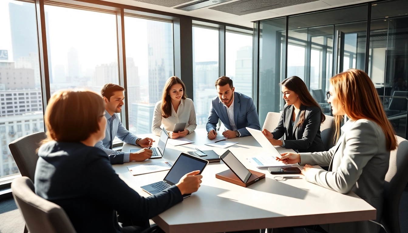 Engaged team of Quickplus Business Consultants collaborating in a modern office setting.