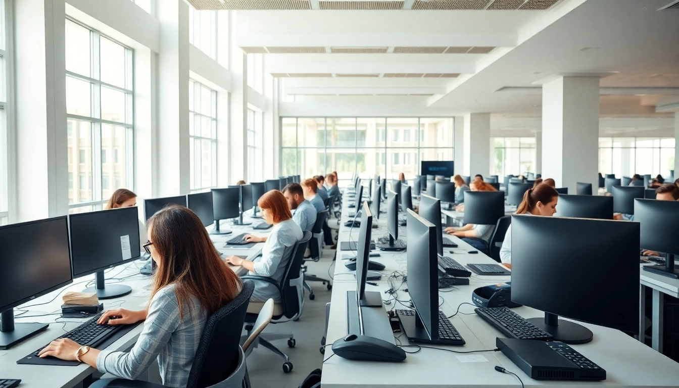 Efficient typing center filled with professionals using modern equipment, embodying productivity.