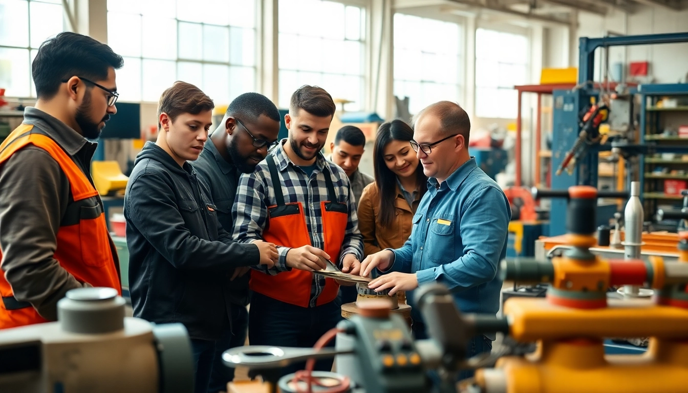 Engaging skilled trades training with diverse participants collaborating in a bright workshop.