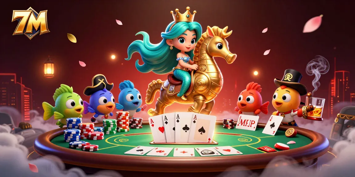 Engage in thrilling poker adventures with 7M's dazzling 3D scene featuring vibrant characters and dynamic gaming action.