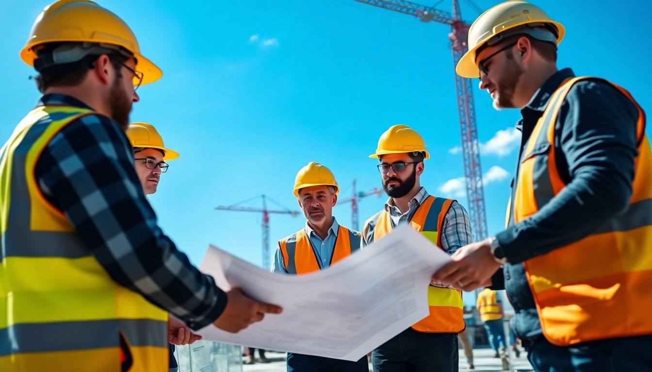 Showcase construction events with professionals discussing plans at an outdoor site.