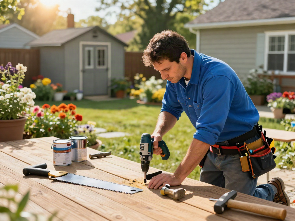 Professional home repair services Des Moines Iowa showcased by a handyman repairing a wooden deck in a sunny backyard.