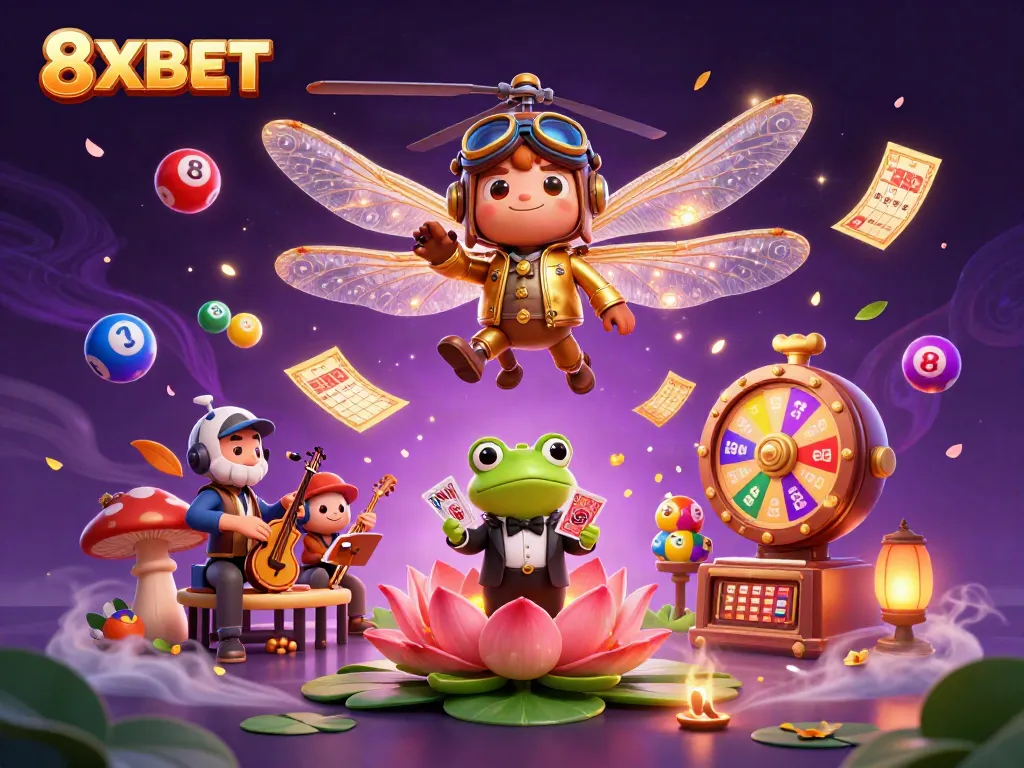 Experience thrilling gameplay with 8XBET at a dynamic lily pad casino with a dragonfly pilot and frog croupier