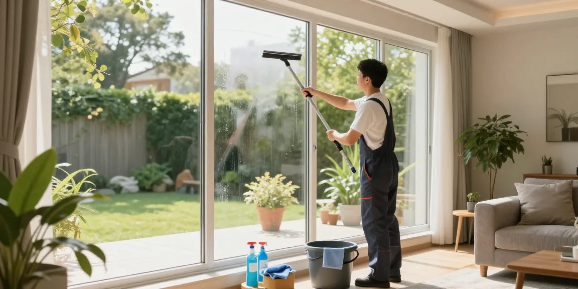 Clean window cleaner demonstrating glasreinigung preis in a bright living room setting with stylish furniture.