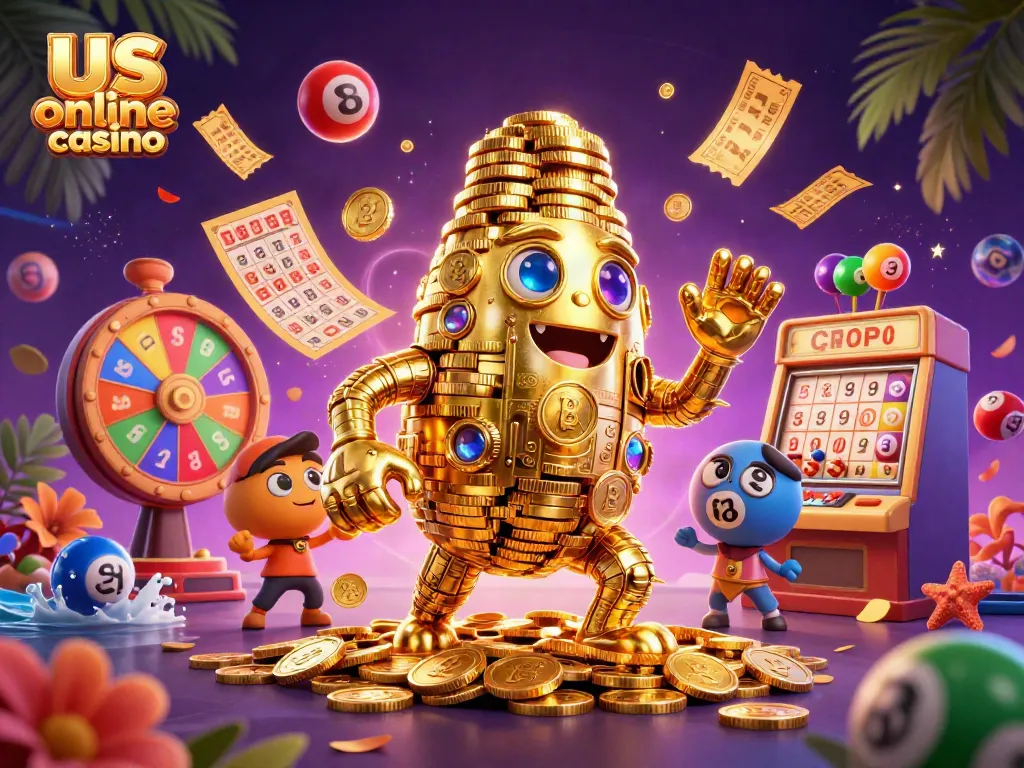 Experience the thrill of us online casino with a vibrant 3D golem, spinning prize wheel, and dynamic lottery elements.