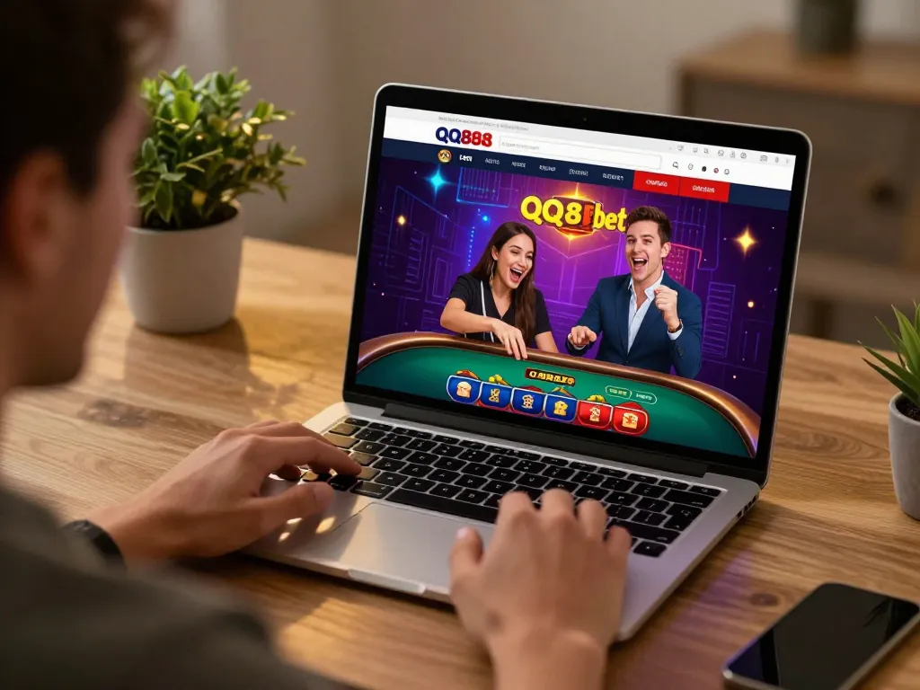 Player engaging with QQ88bet live dealer game on a laptop in an inviting workspace.