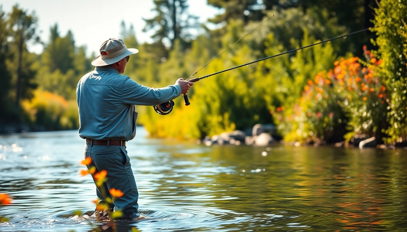 Fly fishing for beginners showcasing a fisherman casting a line into a bright river.