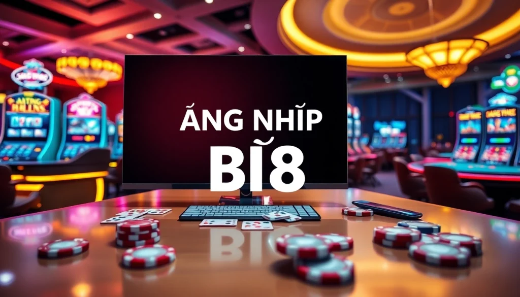 Experience thrilling gameplay with ĐĂNG NHẬP B8 at a luxury online casino interface featuring poker tables and slot machines.