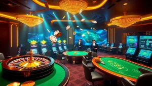 Experience the excitement of NHÀ CÁI UU88 through vibrant casino tables and engaging gambling visuals.