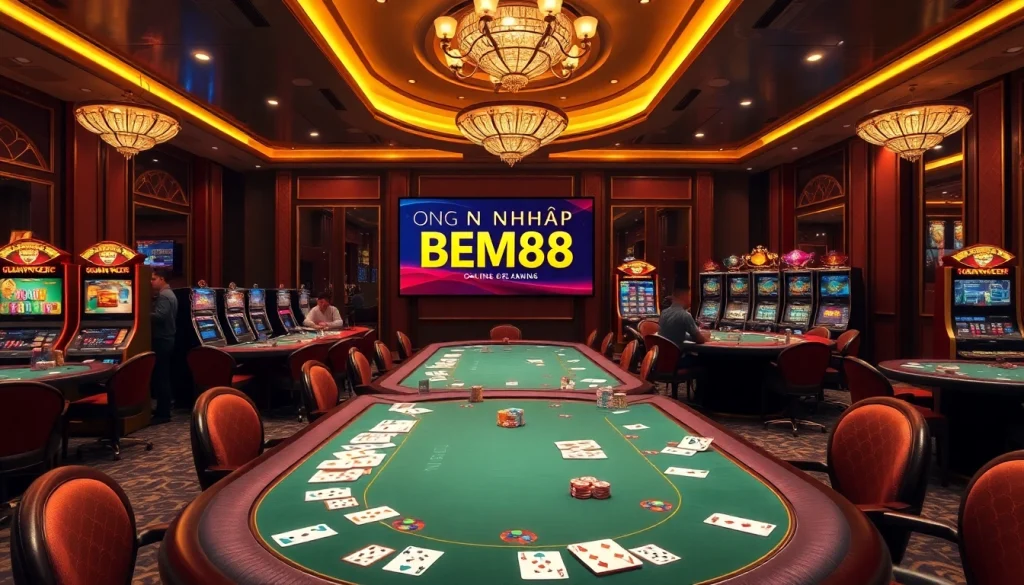Engage with ĐĂNG NHẬP BEM88 at a luxurious casino table featuring vibrant chips and cards.