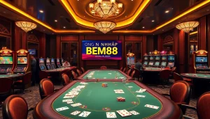 Engage with ĐĂNG NHẬP BEM88 at a luxurious casino table featuring vibrant chips and cards.