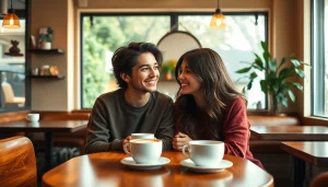 Delightful scene depicting a crush on two young people sharing playful glances in a cozy coffee shop setting.