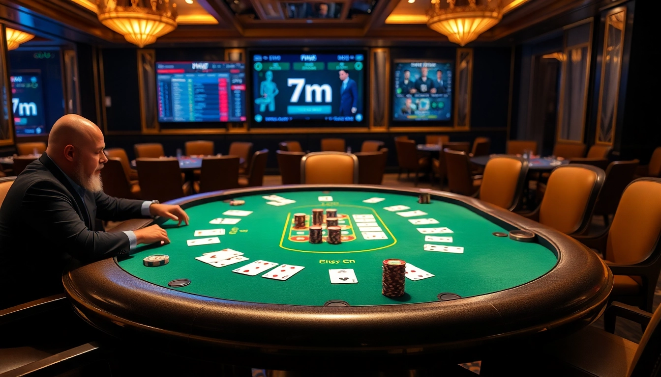 Intense poker game scene showcasing 7m cn betting interface with colorful chips and cards.