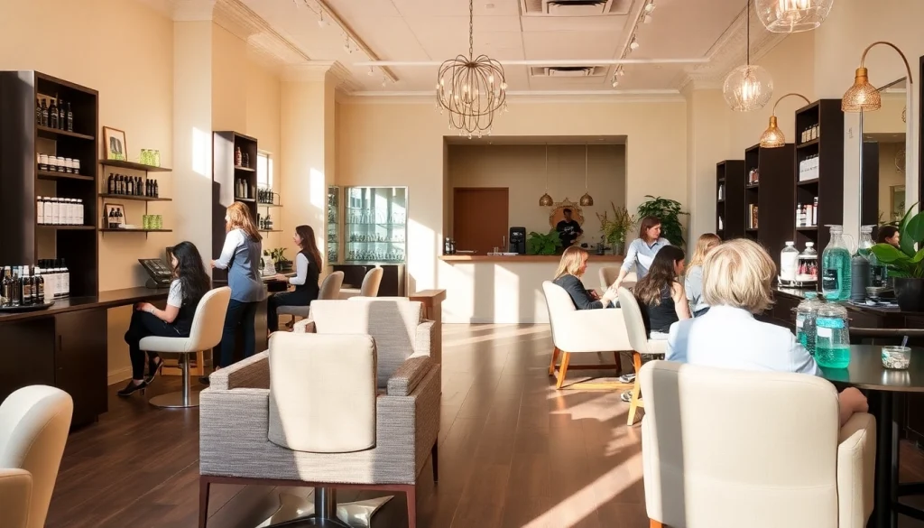Modern interior of a hair salon San Diego showcasing professional hairstylists, natural lighting, and eco-friendly products.